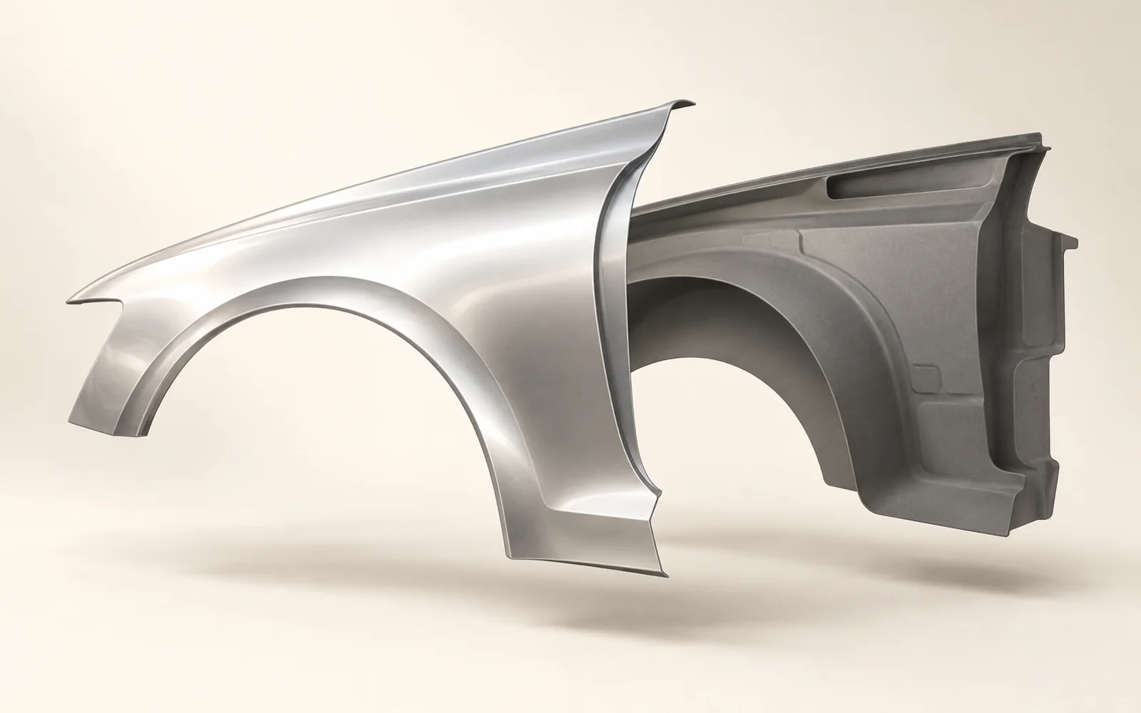 Conceptual silver outer fender with a graphite supporting form behind it